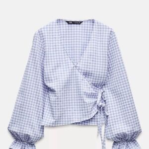 Zara Light Blue Checkered Wrap Blouse Size XS
